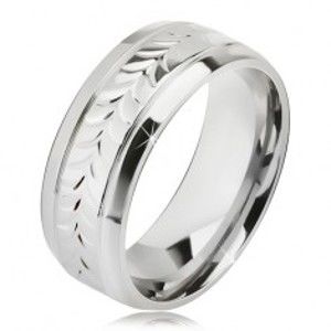 Šperky eshop - Lesklý oceľový prsteň, ryhy, vzor z rozdvojených lístkov BB11.16 - Veľkosť: 67 mm