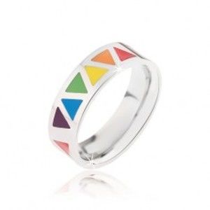 Šperky eshop - Lesklý oceľový prsteň s farebnými trojuholníkmi BB5.12 - Veľkosť: 54 mm