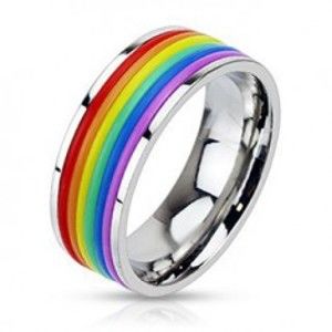 Šperky eshop - Lesklý oceľový prsteň s gumenými pásikmi vo farbách dúhy E5.20 - Veľkosť: 59 mm