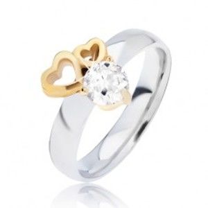 Šperky eshop - Lesklý oceľový prsteň so obrysmi sŕdc zlatej farby a čírym zirkónom L13.05 - Veľkosť: 55 mm