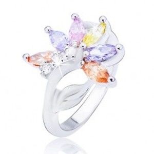 Šperky eshop - Lesklý oceľový prsteň, striebornej farby, kvet s farebnými zirkónovými lupeňmi L10.10 - Veľkosť: 55 mm