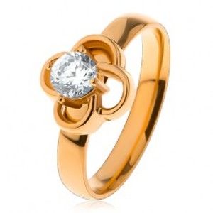 Šperky eshop - Lesklý oceľový prsteň v zlatom odtieni, obrys kvietka s čírym zirkónom S19.29 - Veľkosť: 52 mm