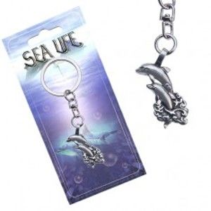 Šperky eshop - Lesklý prívesok na kľúče, dva delfíny vyskakujúce z vĺn AA47.20