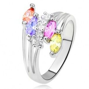 Šperky eshop - Lesklý prsteň - farebné zrniečkové kamienky, rozvetvené ramená, číra línia L9.02 - Veľkosť: 58 mm