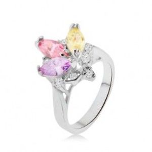 Šperky eshop - Lesklý prsteň - farebné zrniečkové kamienky v kotlíku, číre zirkóniky, korunka L12.03 - Veľkosť: 53 mm