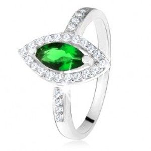 Lesklý prsteň - striebro 925, zrnkový zelený kameň s lemom, číre zirkóniky - Veľkosť: 58 mm