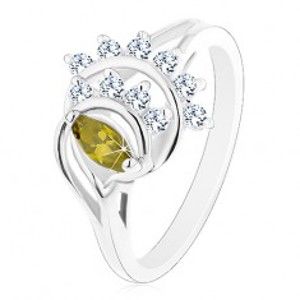 Šperky eshop - Lesklý prsteň, oblúky lemované líniami čírych zirkónikov, zelené zrnko R43.24 - Veľkosť: 49 mm