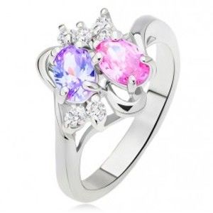 Šperky eshop - Lesklý prsteň, rozvetvené a zvlnené ramená, farebné a číre kamienky L12.02 - Veľkosť: 58 mm