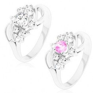 Šperky eshop - Lesklý prsteň s ohnutými ramenami so zárezom, okrúhly stred, číre zirkóniky V10.02 - Veľkosť: 59 mm, Farba: Ružová