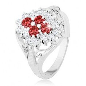 Šperky eshop - Lesklý prsteň s rozdelenými ramenami, červeno-číry zirkónový kvet R31.10 - Veľkosť: 49 mm