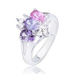 Šperky eshop - Lesklý prsteň s rozdvojenými ramenami, farebné zirkóny v rade L11.02 - Veľkosť: 53 mm