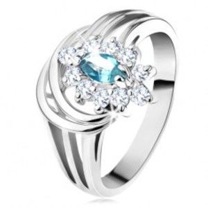 Šperky eshop - Lesklý prsteň s rozvetvenými ramenami, svetlomodré zirkónové zrnko, oblúčiky G10.25 - Veľkosť: 48 mm