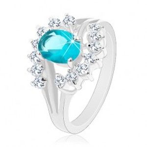 Šperky eshop - Lesklý prsteň s rozvetvenými ramenami, svetlomodrý zirkónový ovál, číre oblúky G03.07 - Veľkosť: 50 mm