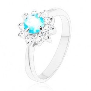 Šperky eshop - Lesklý prsteň s úzkymi ramenami, svetlomodrý okrúhly zirkón, číry zirkónový lem V11.17 - Veľkosť: 61 mm