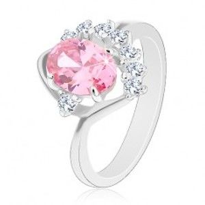 Šperky eshop - Lesklý prsteň so zahnutým ramenom, ružový ovál, zirkónový číry oblúk, oblúčik V02.23 - Veľkosť: 51 mm