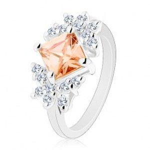 Šperky eshop - Lesklý prsteň so zirkónmi v čírom a oranžovom odtieni, zúžené ramená V01.09 - Veľkosť: 62 mm