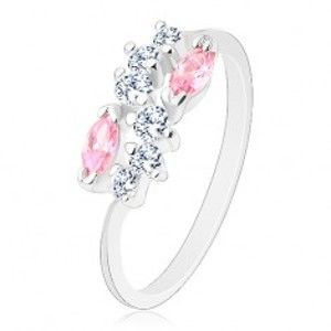 Šperky eshop - Lesklý prsteň so zúženými ramenami, strieborná farba, číra vlnka a ružové zrná AC10.14 - Veľkosť: 58 mm