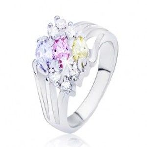 Šperky eshop - Lesklý prsteň striebornej farby, rozvetvené ramená s farebnými oválnymi zirkónmi L10.08 - Veľkosť: 56 mm
