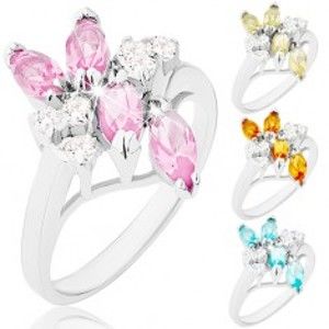 Šperky eshop - Lesklý prsteň, úzke ramená striebornej farby, farebné zrnká a číre zirkóniky R41.5 - Veľkosť: 51 mm, Farba: Ružová
