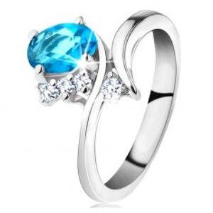 Šperky eshop - Lesklý prsteň v striebornej farbe, oválny akvamarínový zirkón, úzke ramená G10.08 - Veľkosť: 50 mm