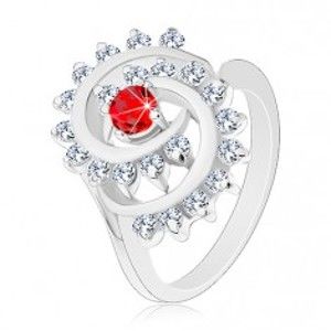 Šperky eshop - Lesklý prsteň v striebornej farbe, špirála s čírym lemom, červený okrúhly zirkón V03.05 - Veľkosť: 51 mm