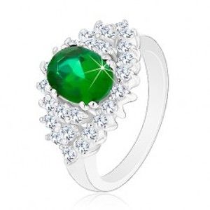 Šperky eshop - Lesklý prsteň v striebornom odtieni, brúsené číre zirkóniky, tmavozelený ovál G13.07 - Veľkosť: 51 mm