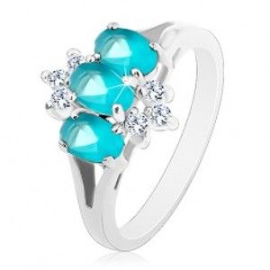 Šperky eshop - Lesklý prsteň v striebornom odtieni, modré zirkónové ovály, číre zirkóniky S18.14 - Veľkosť: 49 mm