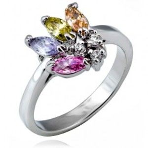 Šperky eshop - Lesklý prsteň z kovu - vejár farebných zrnkových zirkónov L9.01 - Veľkosť: 49 mm