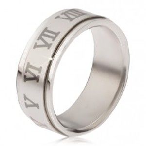 Šperky eshop - Lesklý prsteň z ocele - matná točiaca sa obruč, sivé rímske číslice BB17.08 - Veľkosť: 62 mm