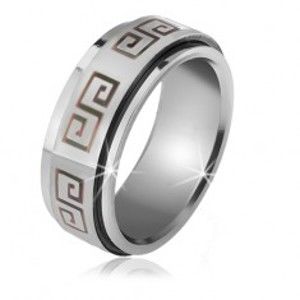Šperky eshop - Lesklý prsteň z ocele - matná točiaca sa obruč, sivý grécky kľúč BB14.03 - Veľkosť: 67 mm