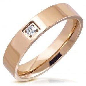 Šperky eshop - Lesklý prsteň z ocele - medený odtieň, okrúhly brúsený zirkón v štvorcovej objímke, 5 mm K07.04 - Veľkosť: 59 mm