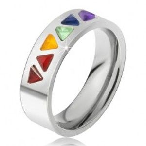 Lesklý prsteň z ocele, farebné trojuholníkové kamienky - Veľkosť: 59 mm