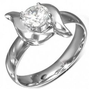 Šperky eshop - Lesklý prsteň z ocele, ozdobné vlnky, brúsený zirkón v kotlíku B7.08 - Veľkosť: 54 mm