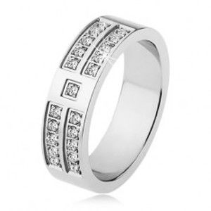 Šperky eshop - Lesklý prsteň z ocele striebornej farby, ozdobné línie čírych zirkónov SP17.08 - Veľkosť: 63 mm