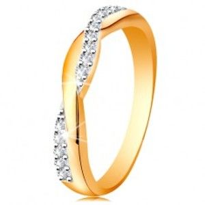 Šperky eshop - Lesklý prsteň zo 14K zlata - dve prepletené vlnky - hladká a zirkónová GG190.64/72 - Veľkosť: 52 mm