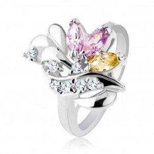 Šperky eshop - Lesklý prsteň, zrnkové farebné zirkóny, lesklé slzičky a trblietavá vlnka R26.16 - Veľkosť: 55 mm