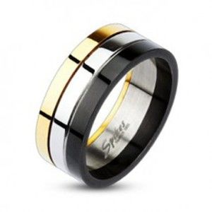 Šperky eshop - Lesklý trojfarebný prsteň z ocele F9.12 - Veľkosť: 69 mm