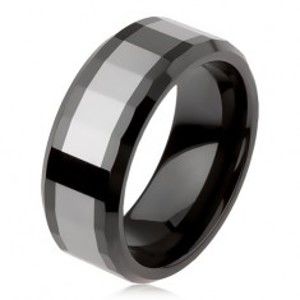 Šperky eshop - Lesklý volfrámový prsteň, dvojfarebný, geometricky brúsený povrch AB34.05 - Veľkosť: 62 mm