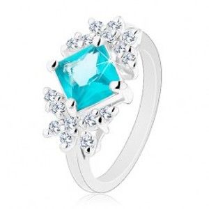 Šperky eshop - Ligotavý prsteň, brúsený zirkónový štvorec akvamarínovej farby, číre motýle G12.29 - Veľkosť: 55 mm
