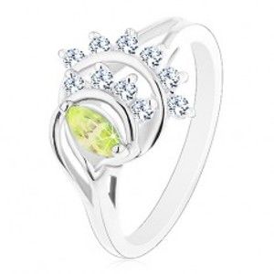 Šperky eshop - Ligotavý prsteň, oblúky lemované líniami čírych zirkónikov, svetlozelené zrnko R42.31 - Veľkosť: 52 mm