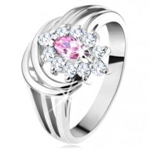 Šperky eshop - Ligotavý prsteň, rozvetvené ramená, ružovo-číry zirkónový kvietok, oblúčiky G11.25 - Veľkosť: 53 mm