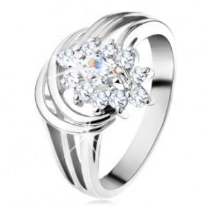 Šperky eshop - Ligotavý prsteň, rozvetvené ramená v striebornom odtieni, číry zirkónový kvet G10.06 - Veľkosť: 49 mm