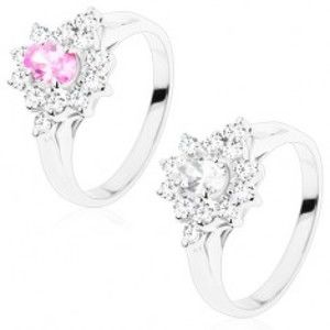 Šperky eshop - Ligotavý prsteň s hladkými ramenami, kvet s brúseným oválom, číre lupene V08.16 - Veľkosť: 52 mm, Farba: Číra
