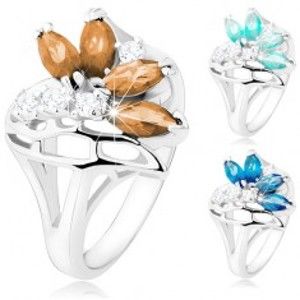 Šperky eshop - Ligotavý prsteň s rozdelenými ramenami, číre a farebné zirkóny, stuha R40.31 - Veľkosť: 52 mm, Farba: Hnedá