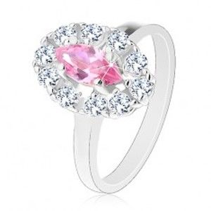 Šperky eshop - Ligotavý prsteň s ružovým brúseným zrnkom, oválny lem z čírych zirkónikov G13.25 - Veľkosť: 50 mm