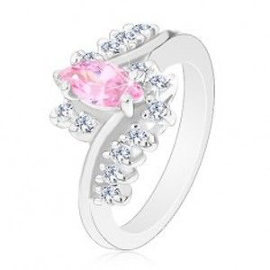 Šperky eshop - Ligotavý prsteň so striebornou farbou, ružové zrnko, zirkónové číre línie G13.03 - Veľkosť: 51 mm