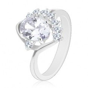 Šperky eshop - Ligotavý prsteň so zahnutým ramenom, číre oválne a okrúhle zirkóny, oblúčik V01.12 - Veľkosť: 57 mm