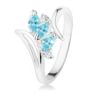 Šperky eshop - Ligotavý prsteň so zahnutými ramenami, modré brúsené zrnká, číre zirkóniky R34.5 - Veľkosť: 58 mm