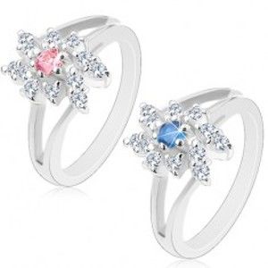 Šperky eshop - Ligotavý prsteň so zahnutými rozdvojenými ramenami, brúsené okrúhle zirkóny V14.02 - Veľkosť: 48 mm, Farba: Modrá