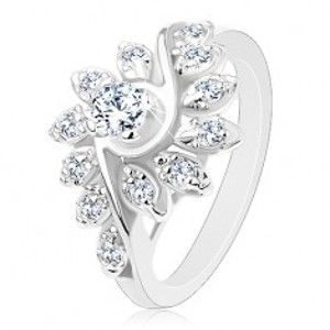 Šperky eshop - Ligotavý prsteň so zatočenými ramenami, brúsené okrúhle zirkóny v čírej farbe V15.17 - Veľkosť: 58 mm